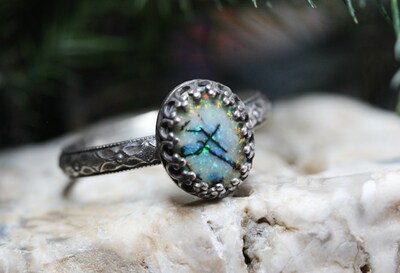 Opal Ring * Solid Sterling Silver Ring* Floral Band * 8x10mm Monarch Opal *  Any Size - image3